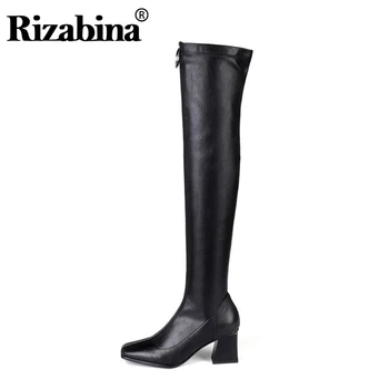 

RIZABINA Cow Leather Over The Knee Boots For Women Square Toe Zipper High Heels Shoes Winter Warm Long Boots Women Size 33-40