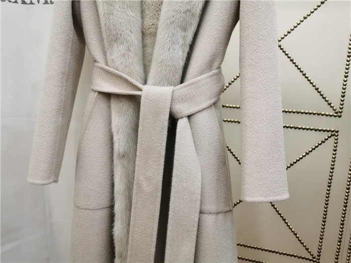 Толстое пальто с натуральным кроличьим мехом для женщин, Воротник из натурального меха норки, длинное теплое зимнее шерстяное пальто для женщин размера плюс