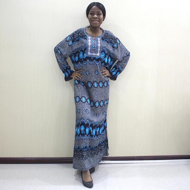 

Африканский Дашики, голубой цветочный принт, чистый хлопок, африканская кружевная ткань для платья, Аппликации, женские платья с длинным рукавом для вечеринки