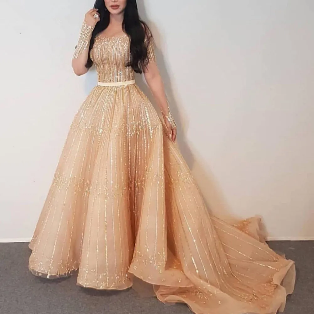 Роскошный расшитый бисером цвета шампань расшитые блестками платья для выпускного вечера с длинными рукавами А-силуэта платья для выпускного вечера Abendkleider Saudi Arabic вечерние платья