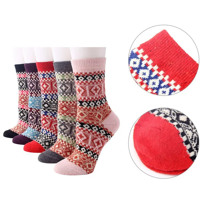 5 пар/компл. Для женщин зима носки для девушек, Винтаж зимние мягкие теплые толстые холодной шерстяного трикотажа нескользящих носочков с геометрическим принтом; удобная женская обувь