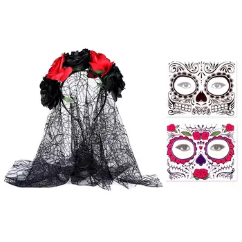 

Rose Flower Headband with Mesh Delicate Rose Headpiece Hair Hoop Costume Hair Decal with Sheets Face Tattoos for Halloween