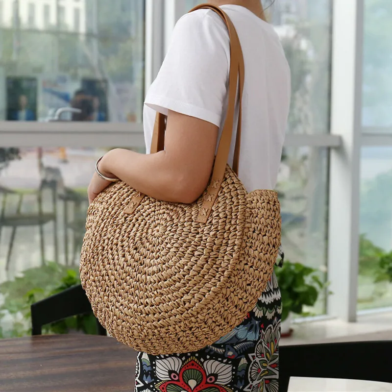 Simple Straw Circular Women Shoulder Bag Handmade Woven Bohemian Handbag Summer Beach Bag Lady Large Capacity Shopper Tote