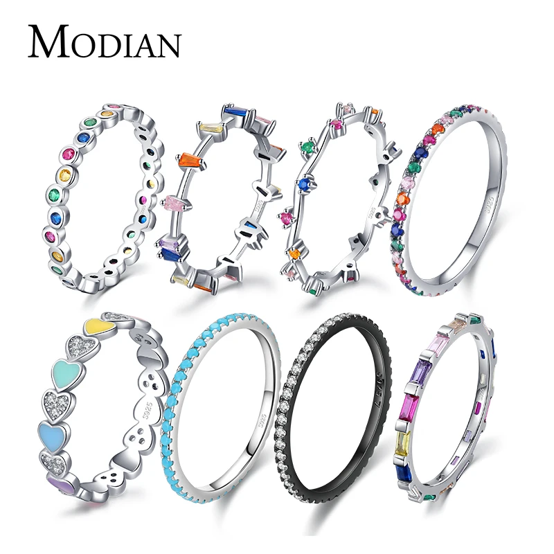Silver Rings Silver Ring Modian 12 Style 925 Sterling Silver Rainbow Colorful Fashion Stackable Finger Ring For Women Grils Statement Jewelry