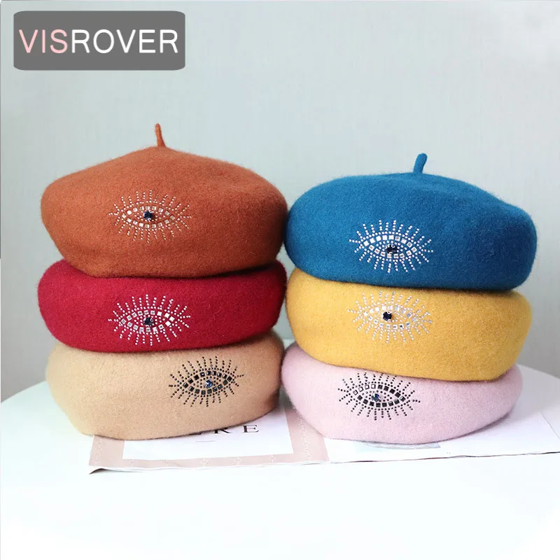 

VISROVER winter woman wool beret female knitted wool rhinestone eye cap autumn winter hat top quality Women Boina wholesales