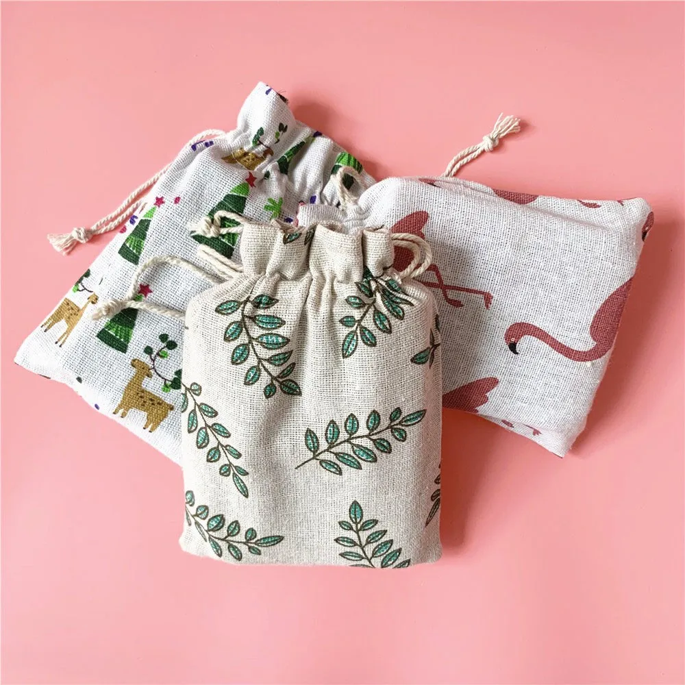 

6pcs Creative Cotton Christmas Gift Bag Flamingo Leaves Pattern Linen Fabric Dust Bag for Wedding Party Candy Bundle Pocket