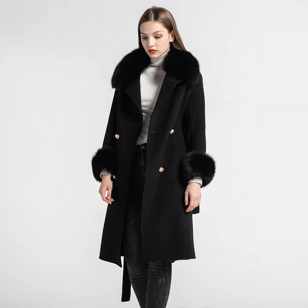 Роскошные женские пальто из натуральной шерсти Модная Меховая куртка воротник из лисьего меха с поясом зимняя теплая кашемировая верхняя одежда S7519