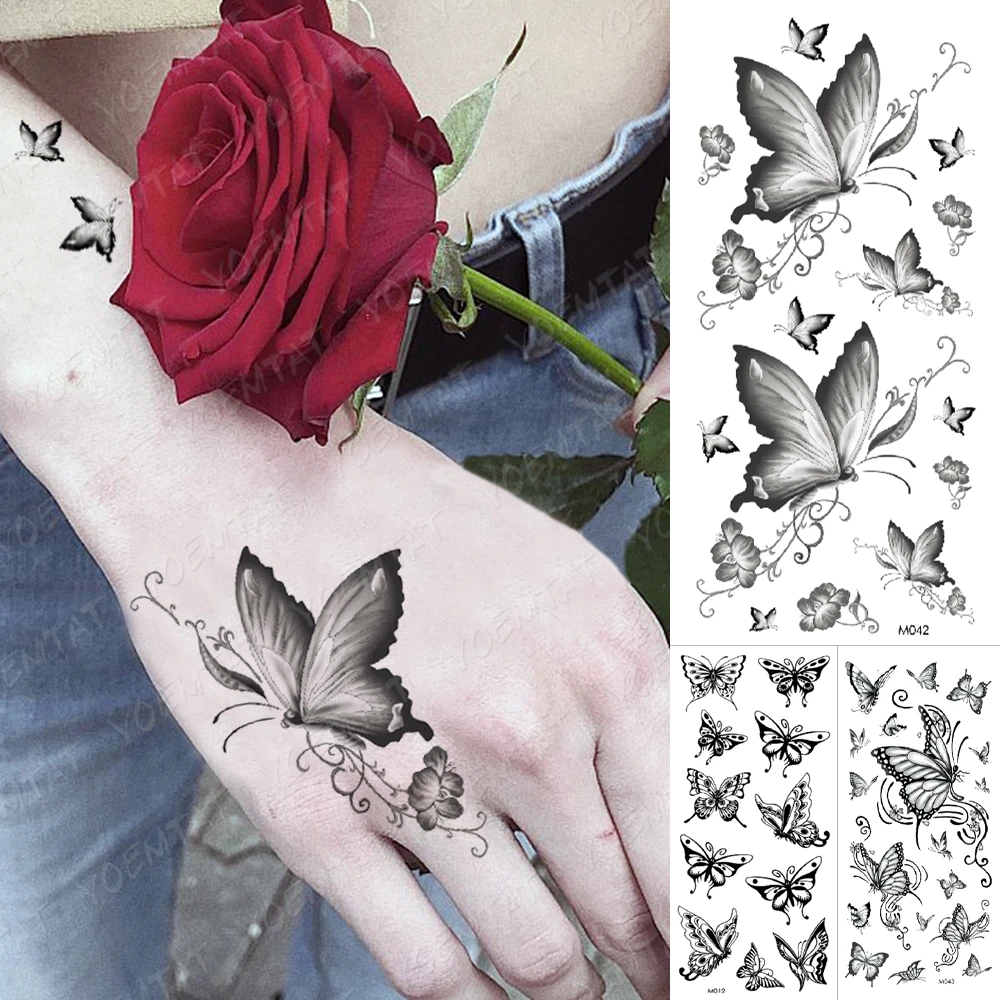 Tatouage Papillon 3d Noir Et Blanc Autocollant de tatouage temporaire réaliste papillon 3D femme fille enfant  enfant faux Autocollant de tatouage temporaire papillon foncé, fleur Rose  Flash, imperméable, pour fille, femme, poignet, cuisse, Art corporel |  AliExpress