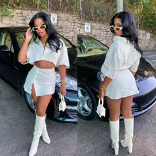 Aliexpress - Echoine Summer New Design Button V-neck Short Sleeve Crop Tops Split Mini Skirt Two Piece Set Ladies Sexy White Matching Set