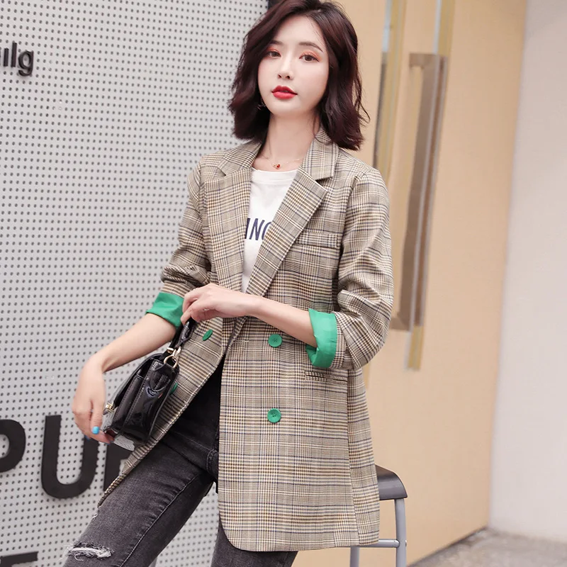 

2019 Autumn New Style Korean-style Casual England INS Grid Red Suit Jacket Women's