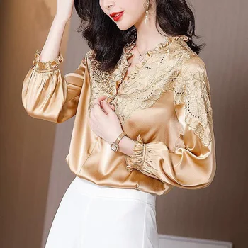 

2020 Spring Fall Fashion Womens Ruffleds V Neck Long Sleeve Beige Black Embroidery Blouse , Imitation Silk Top Shirt for Woman