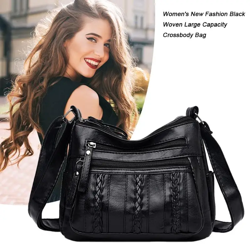 

Weave Crossbody Handbags Women Solid PU Leather Multi Pocket Shoulder Messenger Bags Large Capacity Multi-layer Soft Bag