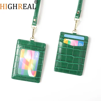 

HIGHREAL Customized Cow Leather Men Card Holder Crocodile Pattern Leather Lanyard ID Holder Coin Purse women