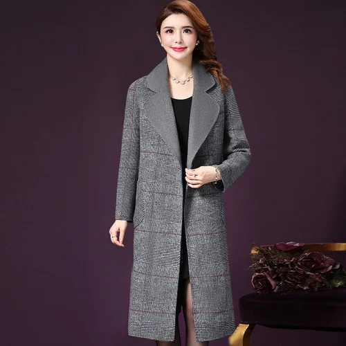 

2019 Autumn Winter New Style Fashionable Gray Plaid Big Code 4xl Female Woolen Coat Elegant Temperament Slim Keep Warm Women Top