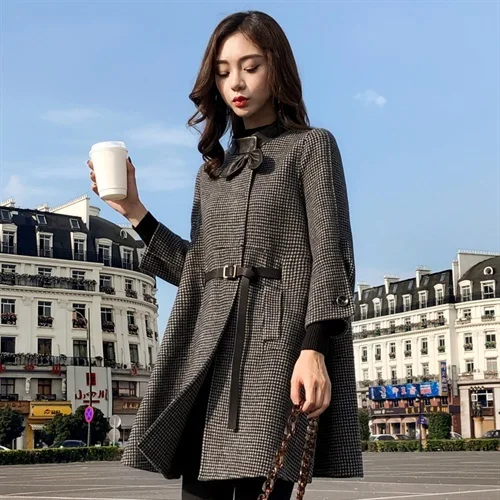 Женское клетчатое шерстяное пальто новое осенне-зимнее повседневное шерстяное пальто женское толстое теплое пальто с бантом размера плюс 2XL - Цвет: Black