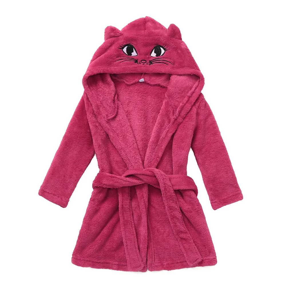 Зимний милый теплый банный халат для маленьких мальчиков и девочек с рисунком кота, купальный халат «динозавр», худи до колена, халат пеньюар, Albornoz, одежда для сна - Цвет: Hot Pink
