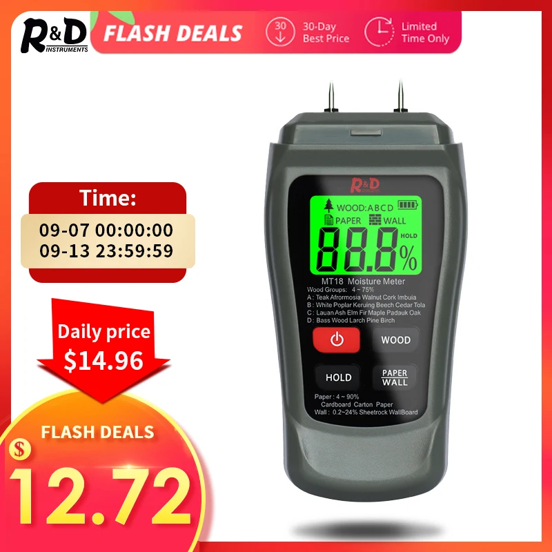 

NEW MT-18 Grey 0-99.9% Two Pins Digital Wood Moisture Meter Paper Humidity Tester Wall Hygrometer Timber Damp Detector