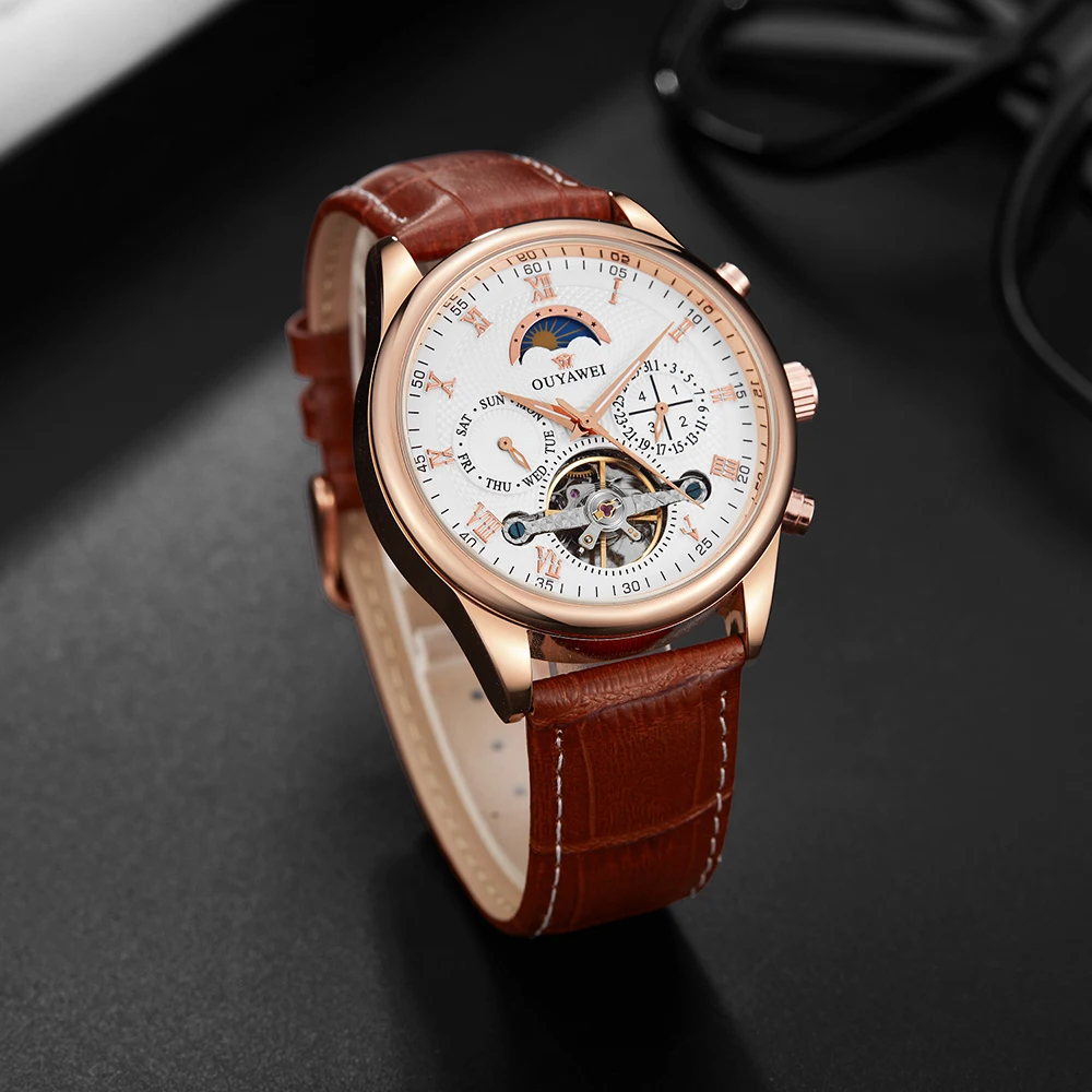 OUYAWEI Мужские автоматические механические часы Time Moon Phase display Классическая Роза Золотая Кожа механические ручные часы Reloj Hombre