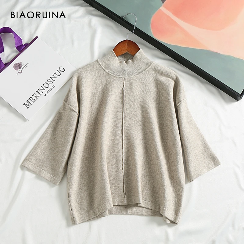 BIAORUINA, 3 цвета, Женская водолазка, элегантный, шерсть, свитер, рукав три четверти, женский, свободный, шикарный, короткий пуловер