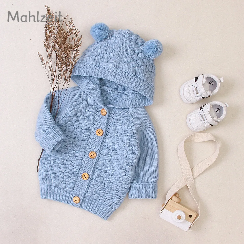 Осенне-зимний Детский свитер теплая верхняя одежда для малышей, вязаное пальто с капюшоном для детей возрастом от 3 до 24 месяцев, детская мягкая плотная куртка для маленьких девочек, одежда