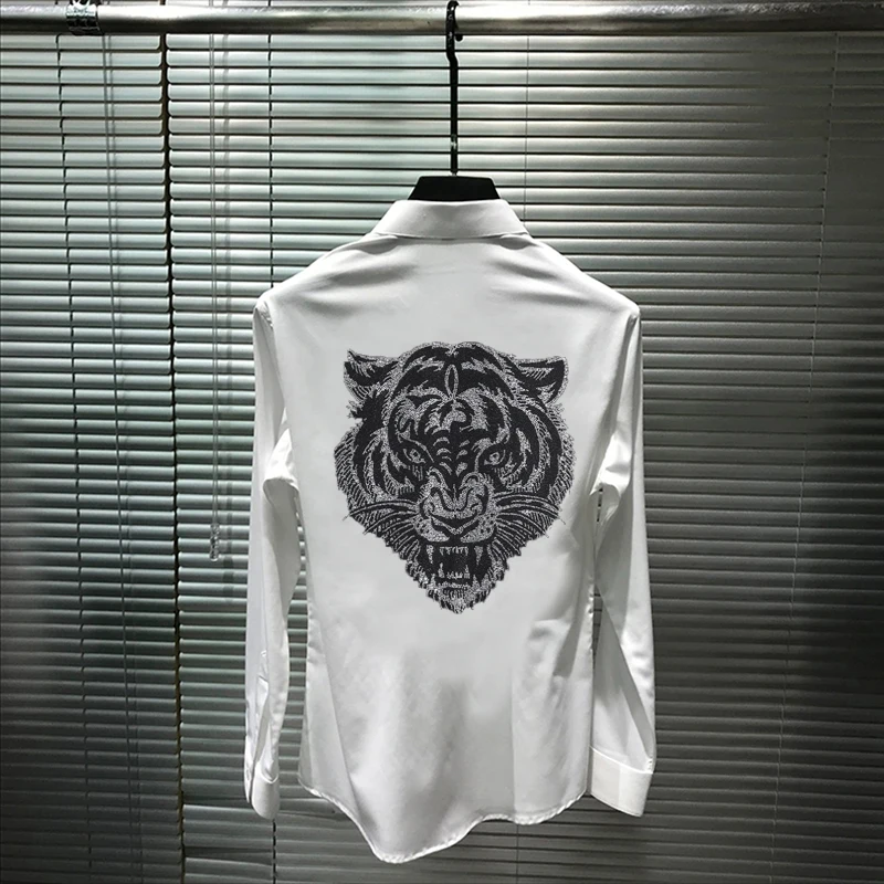 High Quality Rhinestone Spring Men's T-Shirt Popular Personality Hot Diamond Lapel Business Soft Fabric Long Sleeve Style
