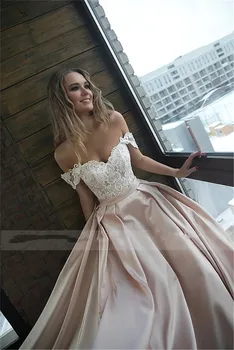 

Modest Short Sleeves Lace Top A-Line Wedding Dresses Satin Custom Made Long Spring Bridal Gowns Lace Up Back Spring Fashion