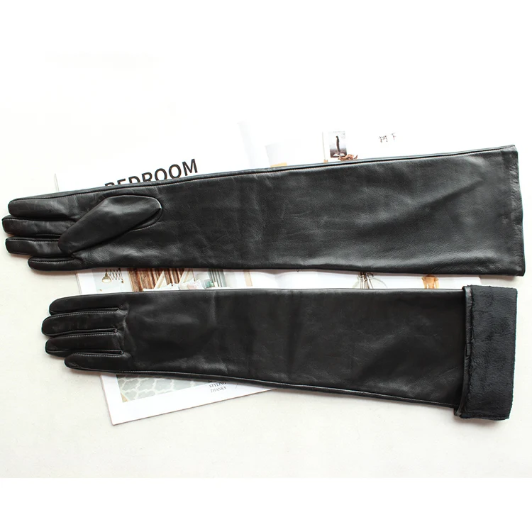 New Women's Super Long Leather Gloves Over Elbow Fashion Black Imported Sheepskin High Quality Mink Leather Touch Screen Gloves