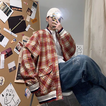 

2020 Spring And Autumn New Youth Pop Plaid Baseball Collar Loose Jacket Fashion Casual Closure Sleeve Top Blue / Red S-XL