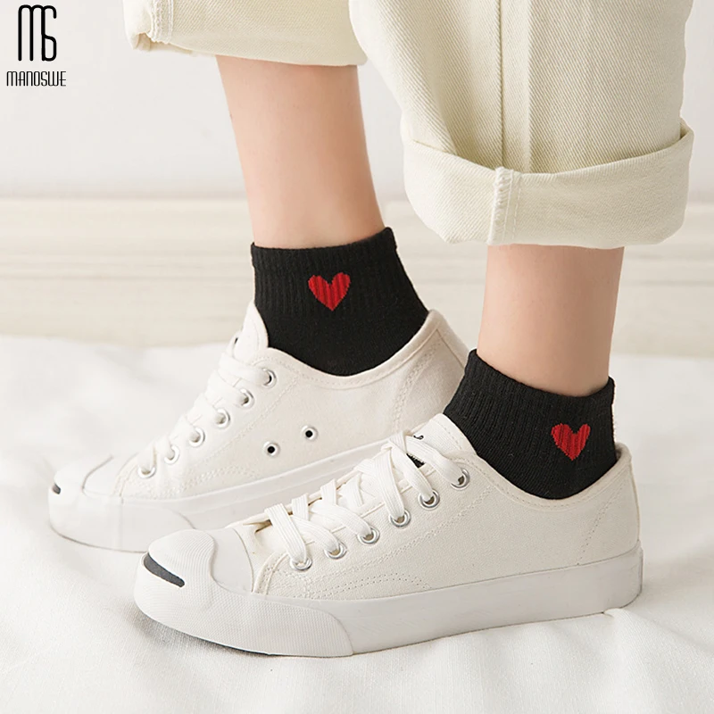 Manoswe Comfortable Heart Shape Woman White Short Socks Casual Breathable Girl Cotton Boat Socks Female Ankle Colorful 4 Pairs