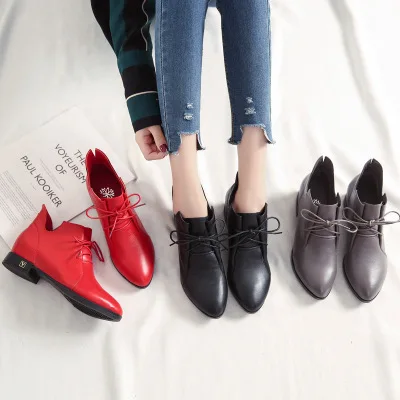 Women's shoes spring and autumn new pointed toe high-heeled short boots thick heel red leather Martin Harajuku boots