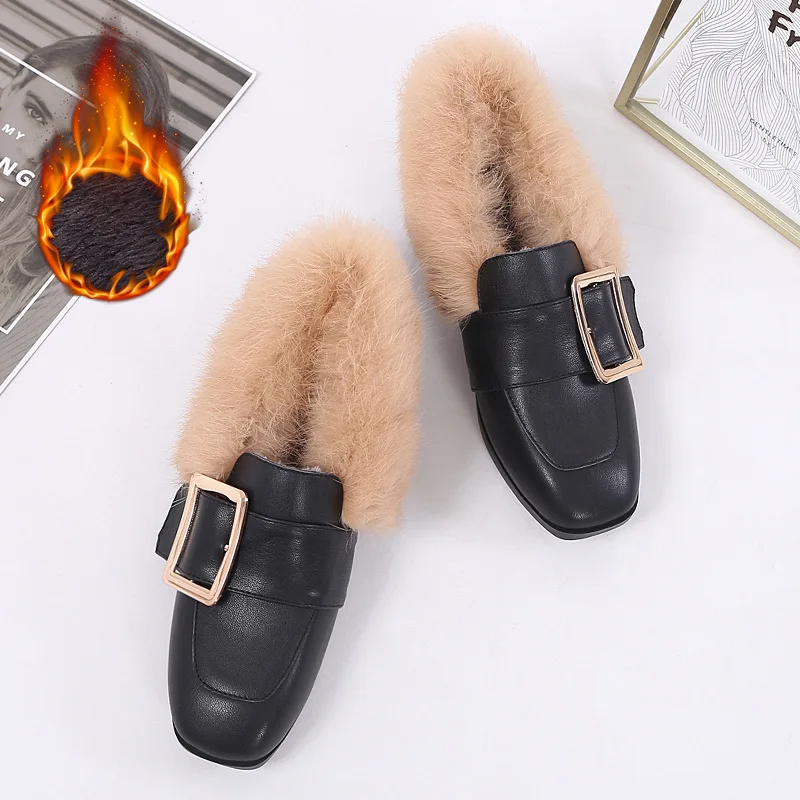 Autumn Ankle Boots Woman Fashion Slip-on Non Slip Warm Fur Shoe Winter Thick Heel Black Microfiber Furry Shoes Ladies