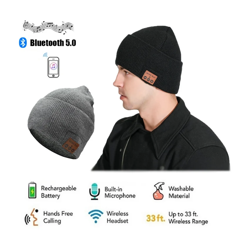 Hot Men Sporting Bluetooth 5 0 Earphones Hat Hand Free Wireless Music Headphones Thick Knit Cap with Mic For Xiaomi iPhone