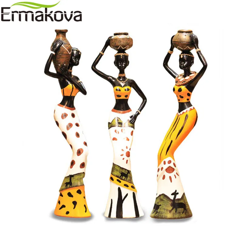 Online ERMAKOVA 3 teile satz Afrikanische Frau Skulptur Mädchen Harz Dame Figurine Statue Dekoration Sammlung Home Kunst Handwerk Geschenk