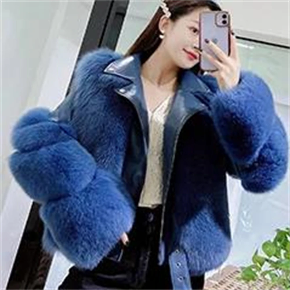 Faux Fox Fur Coats Women Winter Motorcycle Pu Leather Turn Down Collar Warm Jackets Outwear Luxury Female 2021 Overcoat | Женская одежда