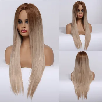 

ALAN EATON Long Straight Synthetic Hair Wigs for Women Middle Part Ombre Brown Blonde Honey Cosplay Party Wigs Heat Resistant