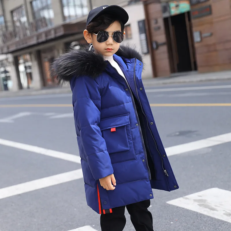 Детская зимняя куртка для мальчиков и девочек-30 градусов с капюшоном теплое пальто на утином пуху одежда подростка детская парка с мехом От 4 до 13 лет зимняя одежда - Цвет: navy blue