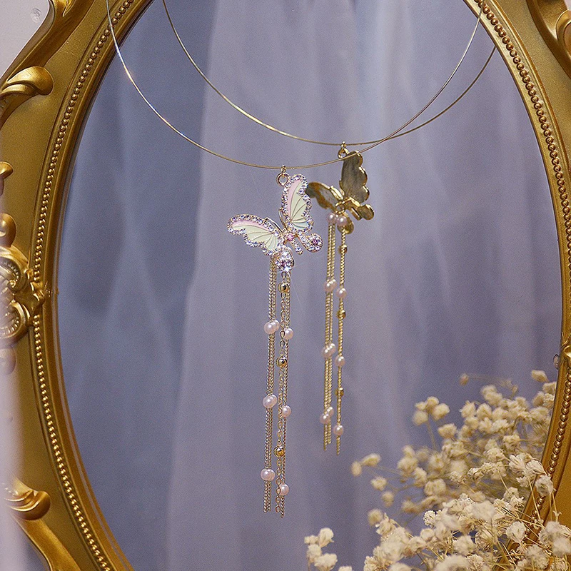 Ins Hot Sale Colorful Zircon Butterfly Necklace for Women Long Design Tassel Pearl Choker Torques Wedding 14k Jewelry Pendant - Image 5