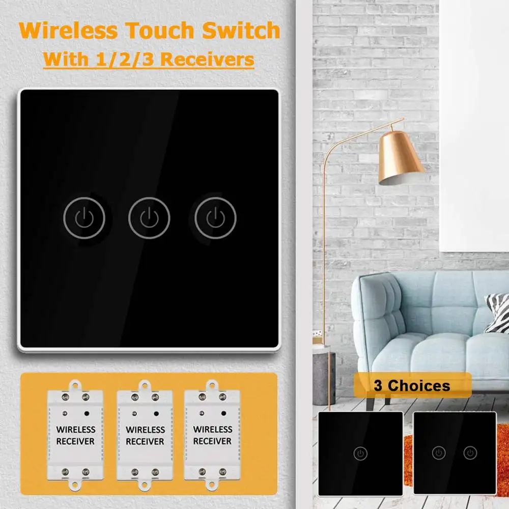 

Wireless Touch Switch Smart Light Controller with 1/2/3 Receiver 30m Remote Control 1/2/3 Gang Lamp Wall Panel Button Receiver