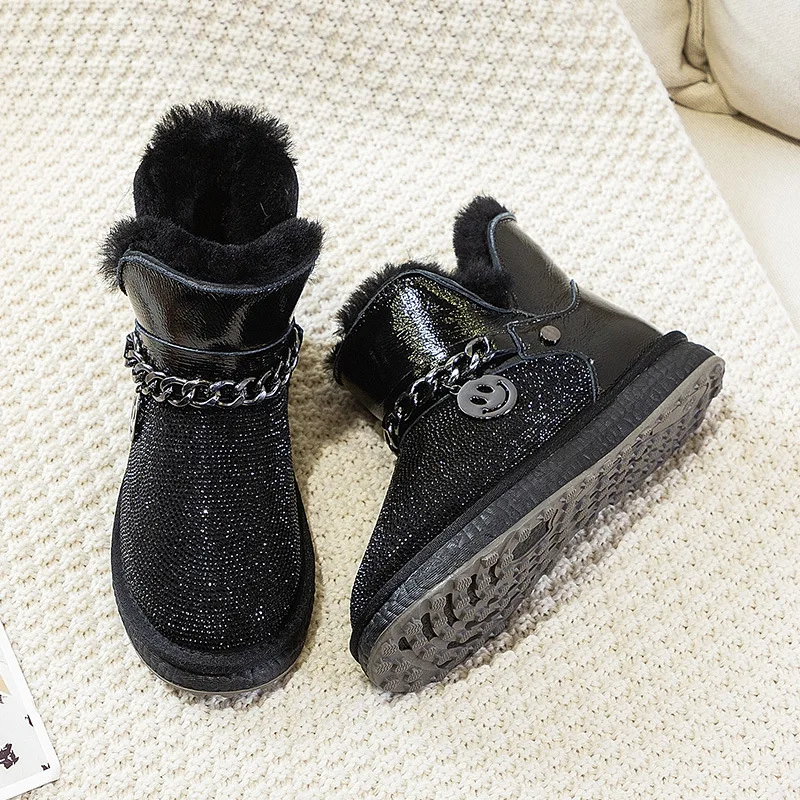 Snow Boots Women's Fur One 2020 New Fashion Rhinestone Winter Plus Velvet Thick Bottom Non Slip Waterproof Bread Cotton Shoes