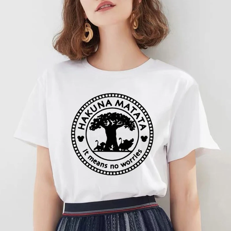 W226-White Модные женские футболки Hakuna Matata Kawaii с принтом, футболка с героями мультфильмов, большие размеры, милые топы, свободные белые футболки с круглым вырезом - Цвет: W226-White