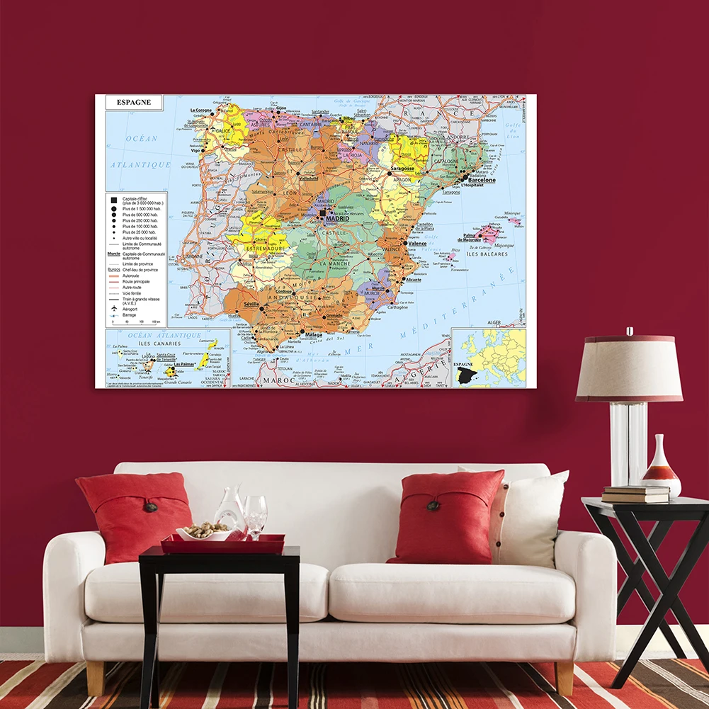 150*100cm The Spain Political Transportation Map world map poster spain road map In French Wall Art Poster Non-woven Canvas Painting School Supplies Home Decor