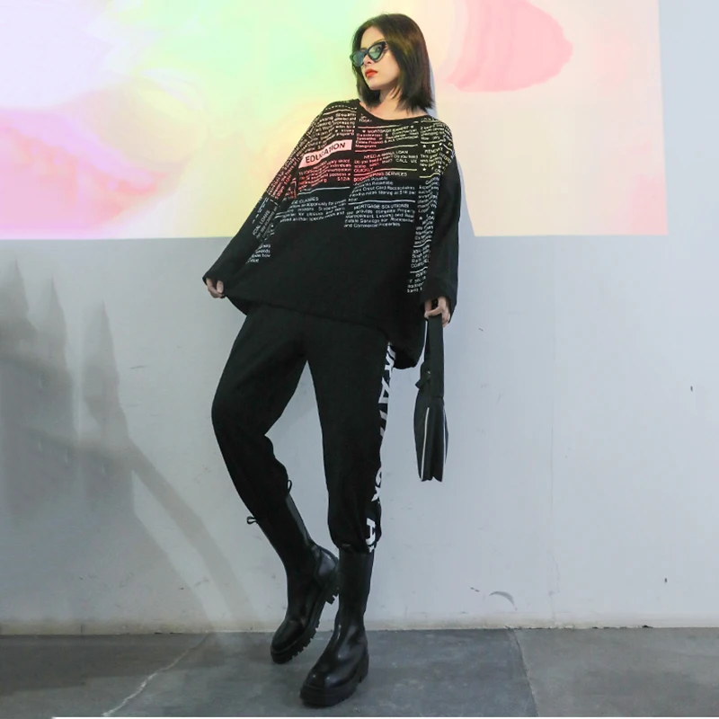 [EAM] Women black letter printed big size T-shirt New Round Neck Long batwing  Sleeve Fashion Tide  Spring Autumn 2020 1DA105