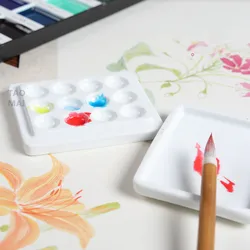 Mini Palette de peinture à l'aquarelle en céramique, avec couvercle, grille à 12 trous, outils de peinture artistique en porcelaine blanche faits à la main 