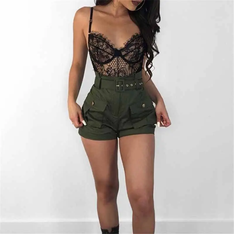 Summer Women Comfortable A-line Short Pants High Waistband Green Shorts Pants Stylish Loose Beach Belt Short Trousers