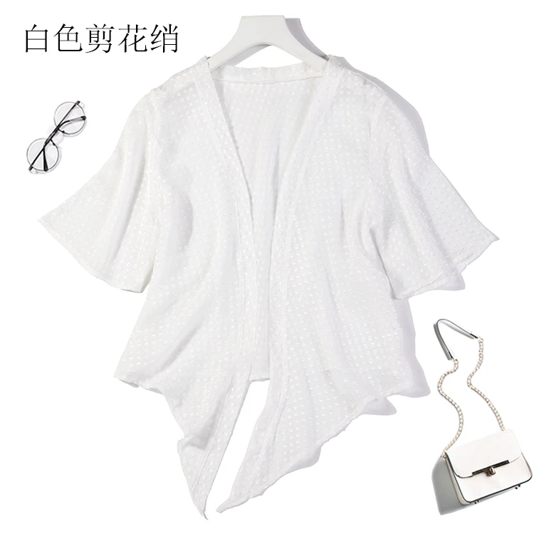 Женские чистый шелк Тонкая Шаль Кардиган Блуза Топ рубашка один размер JN004 - Цвет: white dots