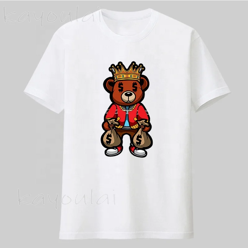 2021 New Arrivals Fashion Gangster Teddy Bear Money Bag Print Graphic T Shirts Men Casual 100% Cotton Custom Tees | Мужская одежда