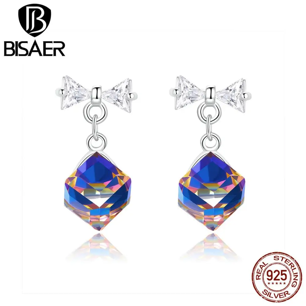 BISAER Роскошные 925 пробы серебряные серьги из австрийского кристалла, кубический цирконий голубая мечта Висячие серьги для женщин модные серьги GAE213