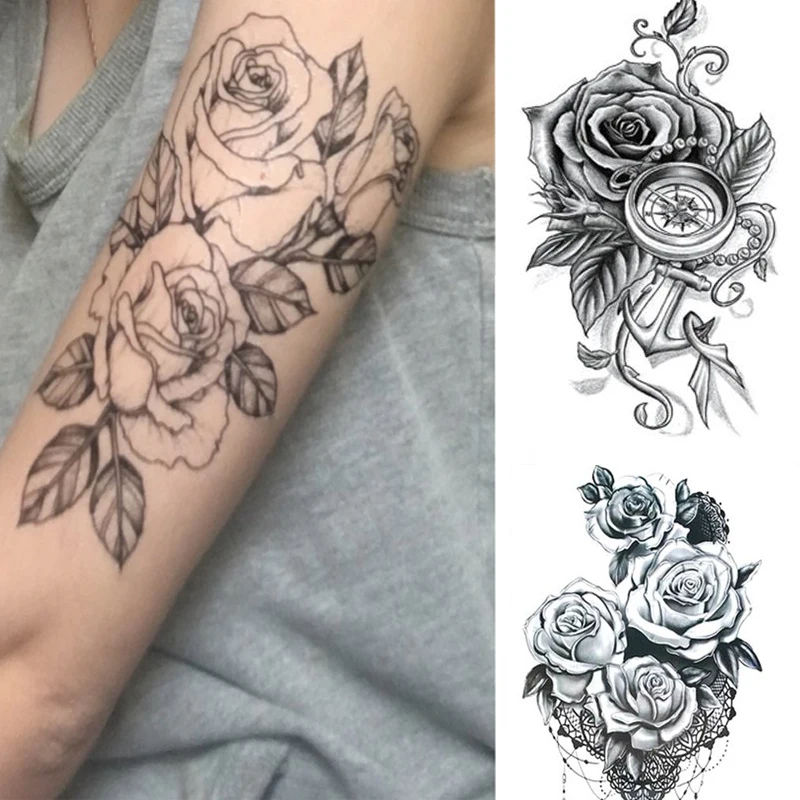 12 pcs Novo estilo de mão com rosa negra tatuagem adesivos / impermeáveis ​​ femininos e masculinos Corpo Arte Braço Tatoo