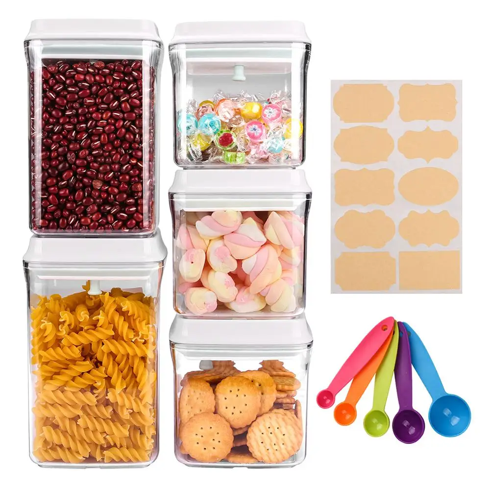 

Airtight Food Storage Container Set with Labels Kitchen & Pantry Organization Pantented Push Button Seal Plastic Cereal Canister