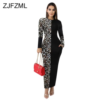 

Leopard Splice Sexy Maxi Wrap Dress Women Round Neck Side Pockets Long Sleeve Dresses Party Night Club Skinny Plus Size Dress